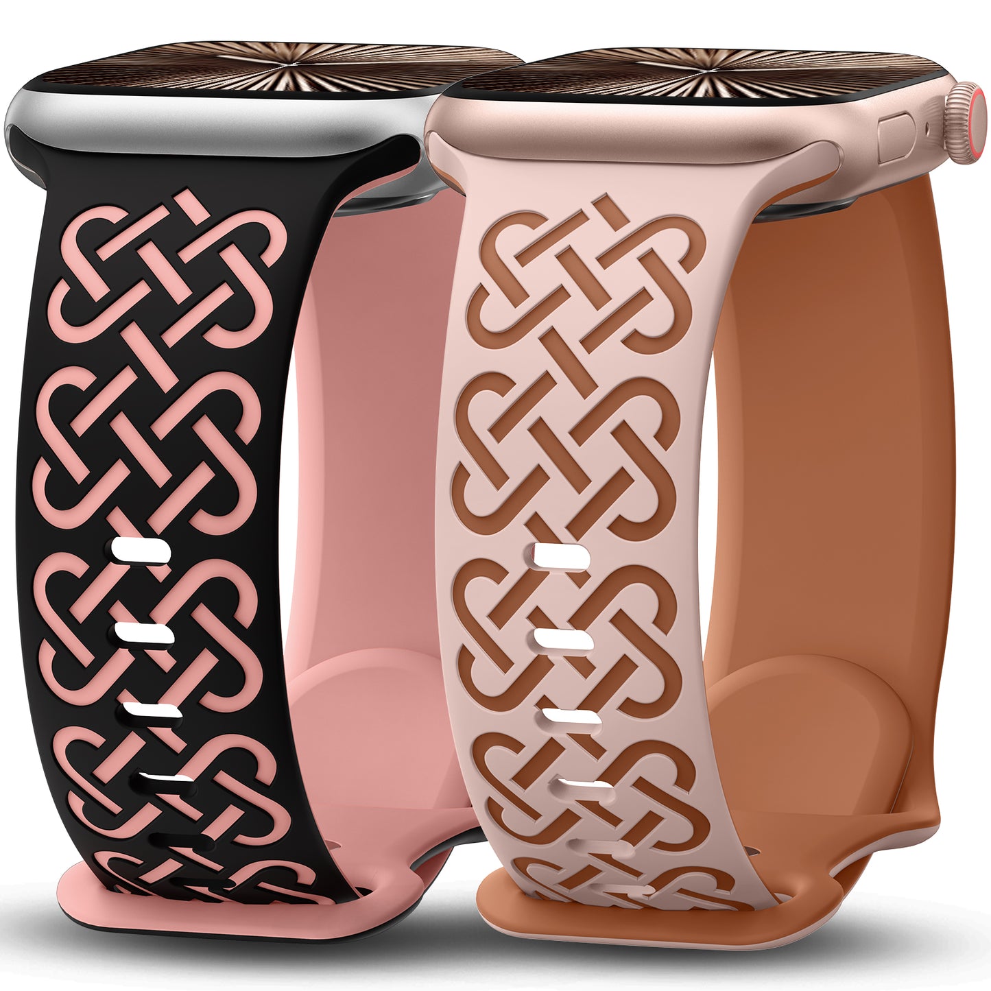 Minyee 2 Pack Engraved Bands Compatible with Apple Watch Band 38/40/41/42/44/45/46/49mm, Soft Silicone Cute Two-Tone Celtic Knot Pattern Sport Strap for iWatch Series 11 10 9 8 7 6 5 4 SE/Ultra 3 2 1