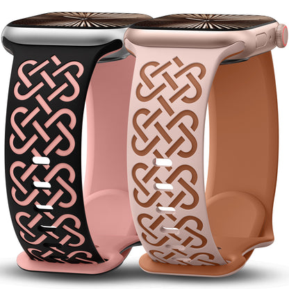 Minyee 2 Pack Engraved Bands Compatible with Apple Watch Band 38/40/41/42/44/45/46/49mm, Soft Silicone Cute Two-Tone Celtic Knot Pattern Sport Strap for iWatch Series 11 10 9 8 7 6 5 4 SE/Ultra 3 2 1