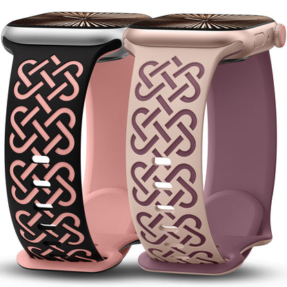 Minyee 2 Pack Engraved Bands Compatible with Apple Watch Band 38/40/41/42/44/45/46/49mm, Soft Silicone Cute Two-Tone Celtic Knot Pattern Sport Strap for iWatch Series 11 10 9 8 7 6 5 4 SE/Ultra 3 2 1