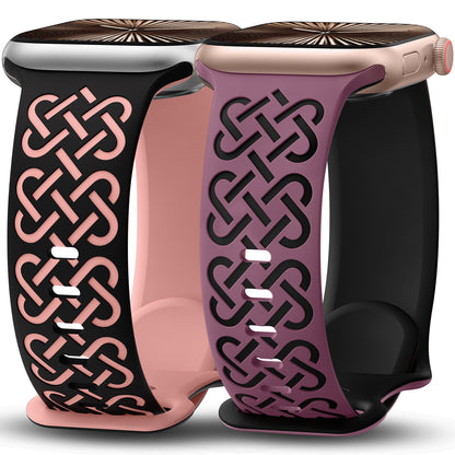 Minyee 2 Pack Engraved Bands Compatible with Apple Watch Band 38/40/41/42/44/45/46/49mm, Soft Silicone Cute Two-Tone Celtic Knot Pattern Sport Strap for iWatch Series 11 10 9 8 7 6 5 4 SE/Ultra 3 2 1