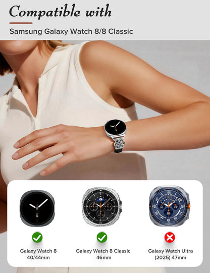 Minyee Celtic Knot Leather Band Compatible with Samsung Galaxy Watch 8 40mm 44mm/ 8 Classic 46mm Band Women, No Gap One-Click Slim Thin Dressy Premium Soft Leather Pretty Designer Adjustable Strap