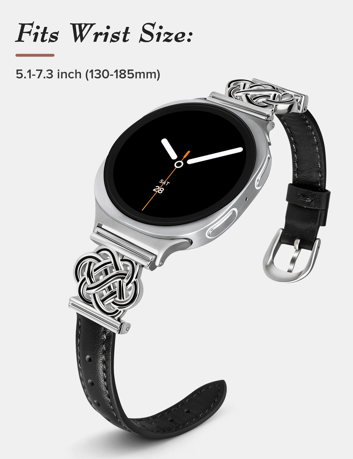 Minyee Celtic Knot Leather Band Compatible with Samsung Galaxy Watch 8 40mm 44mm/ 8 Classic 46mm Band Women, No Gap One-Click Slim Thin Dressy Premium Soft Leather Pretty Designer Adjustable Strap