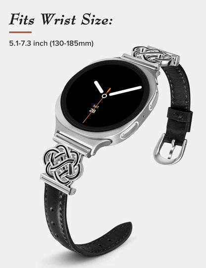 Minyee Celtic Knot Leather Band Compatible with Samsung Galaxy Watch 8 40mm 44mm/ 8 Classic 46mm Band Women, No Gap One-Click Slim Thin Dressy Premium Soft Leather Pretty Designer Adjustable Strap