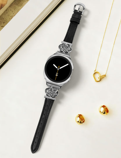 Minyee Celtic Knot Leather Band Compatible with Samsung Galaxy Watch 8 40mm 44mm/ 8 Classic 46mm Band Women, No Gap One-Click Slim Thin Dressy Premium Soft Leather Pretty Designer Adjustable Strap