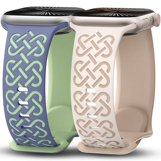 Minyee 2 Pack Engraved Bands Compatible with Apple Watch Band 38/40/41/42/44/45/46/49mm, Soft Silicone Cute Two-Tone Celtic Knot Pattern Sport Strap for iWatch Series 11 10 9 8 7 6 5 4 SE/Ultra 3 2 1