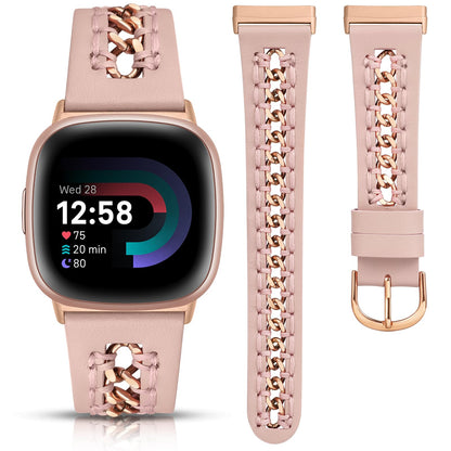 Minyee Leather Band Compatible with Fitbit Versa 4/3/Fitbit Sense 2/1 Bands Women, Dressy Premium Leather Designer Strap with Stainless Steel Metal Chain for Versa 3 4 Sense 2 Smartwatch