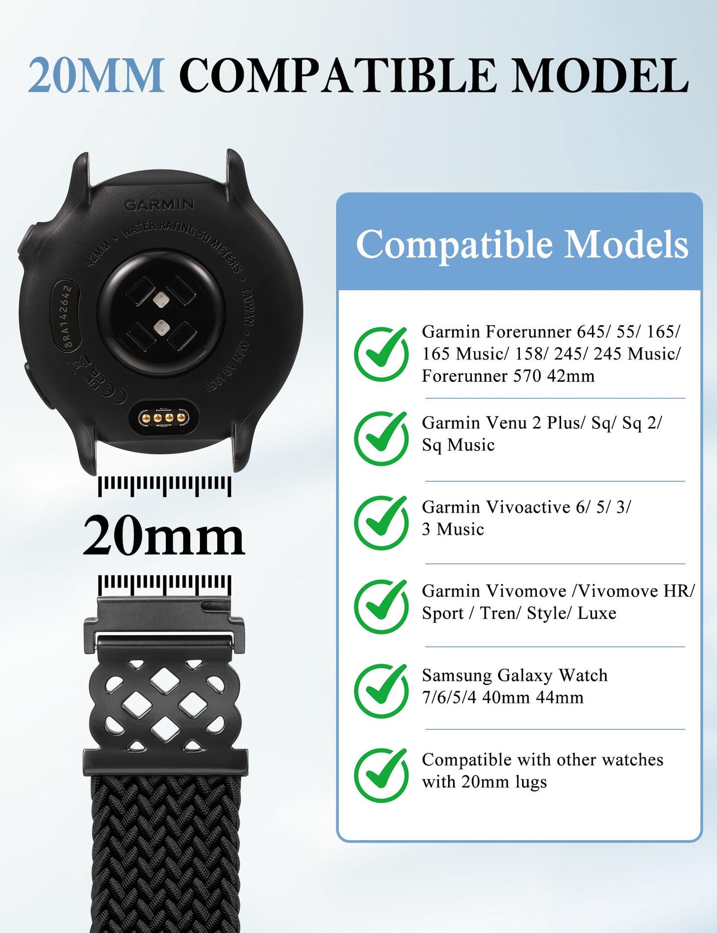 Minyee 20mm Magnetic Braided Nylon Band Compatible with Garmin Vivoactive 6/Vivoactive 5/3/3 Music Elastic Bracelet, Dressy Celtic Knot Fancy Stretchy Strap for Venu Sq 2/Forerunner 55/165/245/645