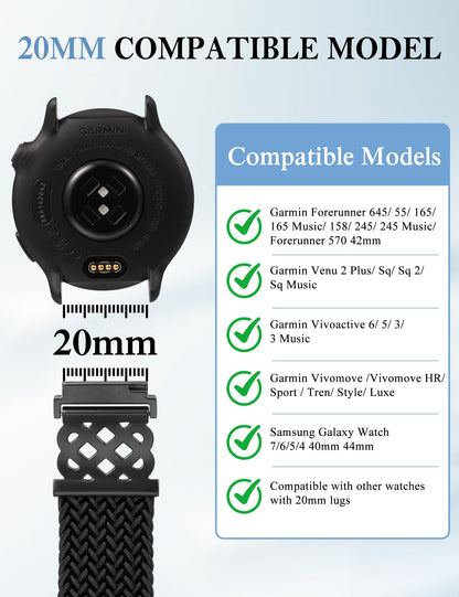 Minyee 20mm Magnetic Braided Nylon Band Compatible with Garmin Vivoactive 6/Vivoactive 5/3/3 Music Elastic Bracelet, Dressy Celtic Knot Fancy Stretchy Strap for Venu Sq 2/Forerunner 55/165/245/645