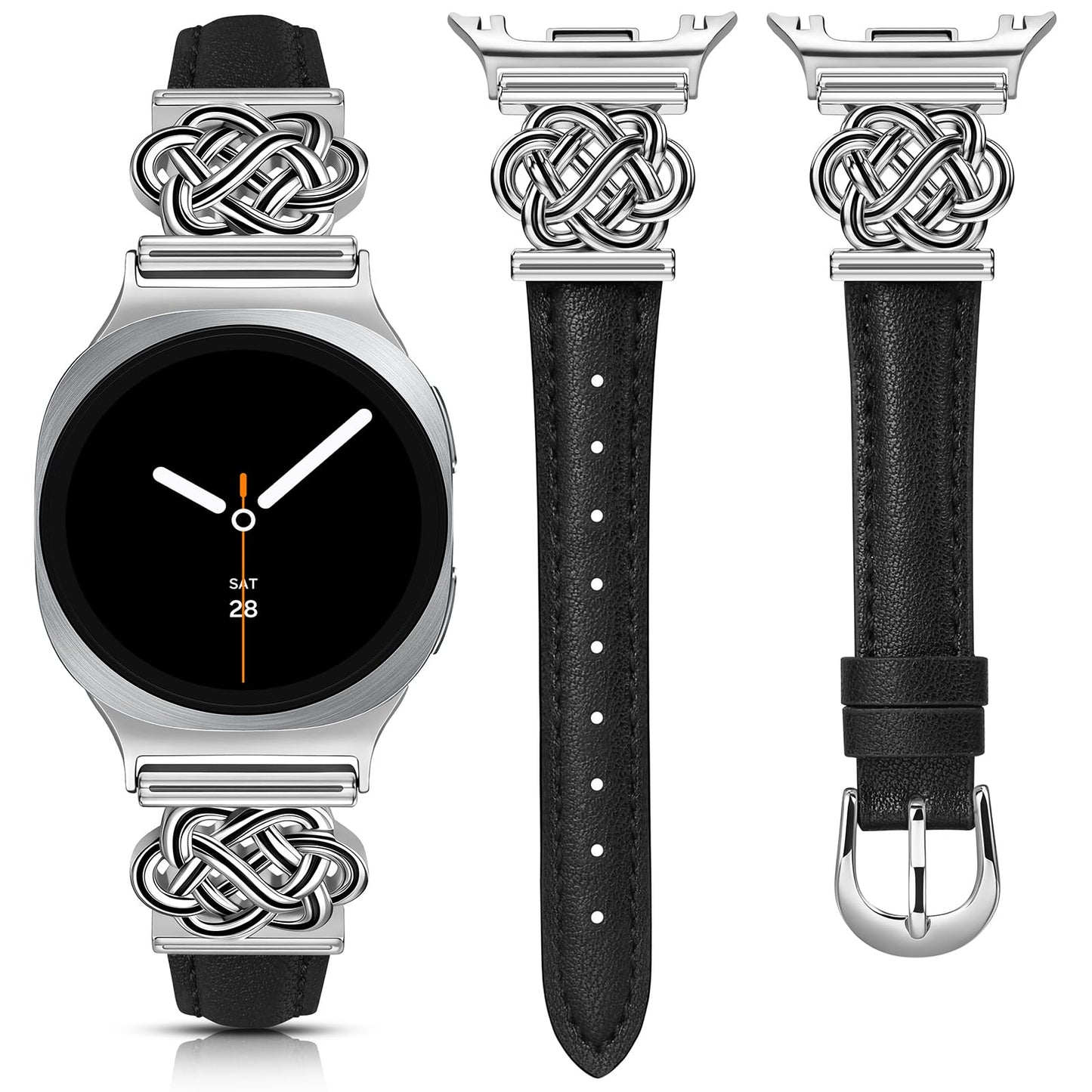 Minyee Celtic Knot Leather Band Compatible with Samsung Galaxy Watch 8 40mm 44mm/ 8 Classic 46mm Band Women, No Gap One-Click Slim Thin Dressy Premium Soft Leather Pretty Designer Adjustable Strap