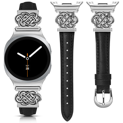 Minyee Celtic Knot Leather Band Compatible with Samsung Galaxy Watch 8 40mm 44mm/ 8 Classic 46mm Band Women, No Gap One-Click Slim Thin Dressy Premium Soft Leather Pretty Designer Adjustable Strap