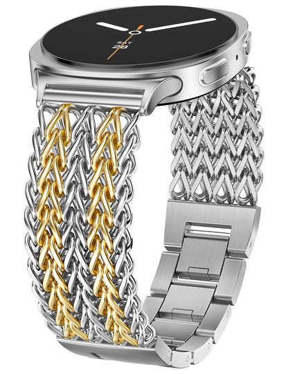 Minyee Metal Band Compatible with Samsung Galaxy Watch 8 40mm 44mm/ 8 Classic 46mm Bands, No Gap One-Click Dressy Stainless Steel Metal Gold Multi-chain Strap Mermaid Style Link Bracelet Wristband