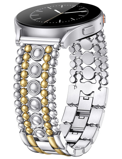Minyee Compatible with Samsung Galaxy Watch 7 6 5 4 FE 40mm 44mm/Watch 6 Classic 43mm 47mm/Watch 5 Pro 45mm Band Women, 20mm Pretty Dressy Stainless Steel Metal Adjustable Round Studded Link Bracelet