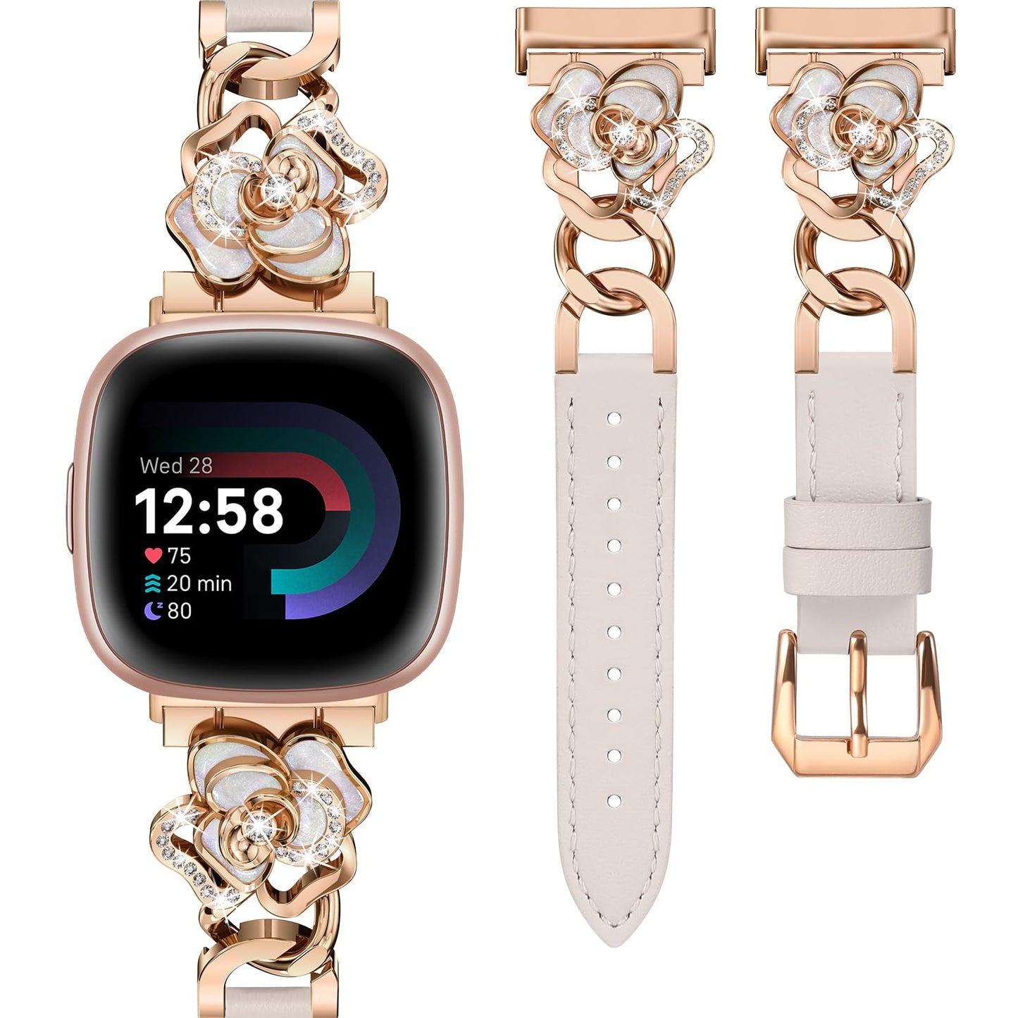 Minyee Leather Band Compatible with Fitbit Versa 4/3/Fitbit Sense 2/1 Watch Bands Women, Dressy Slim Elegant Leather Metal Chain Strap with Bling Cute Camellia Charms for Versa 3 4 Sense 2 Smartwatch