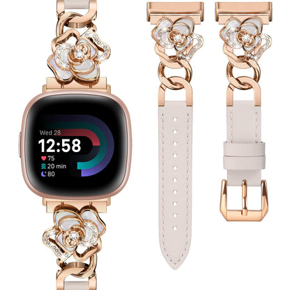 Minyee Leather Band Compatible with Fitbit Versa 4/3/Fitbit Sense 2/1 Watch Bands Women, Dressy Slim Elegant Leather Metal Chain Strap with Bling Cute Camellia Charms for Versa 3 4 Sense 2 Smartwatch