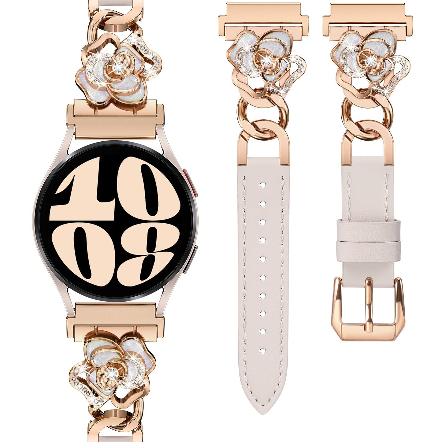 Minyee Leather Band Compatible with Samsung Galaxy Watch 7/6/5/4/FE/Active 2 40mm 44mm/Watch 6 Classic 43mm 47mm/5 Pro 45mm Women, 20mm Dressy Slim Elegant Metal Chain Strap with Bling Camellia Charms