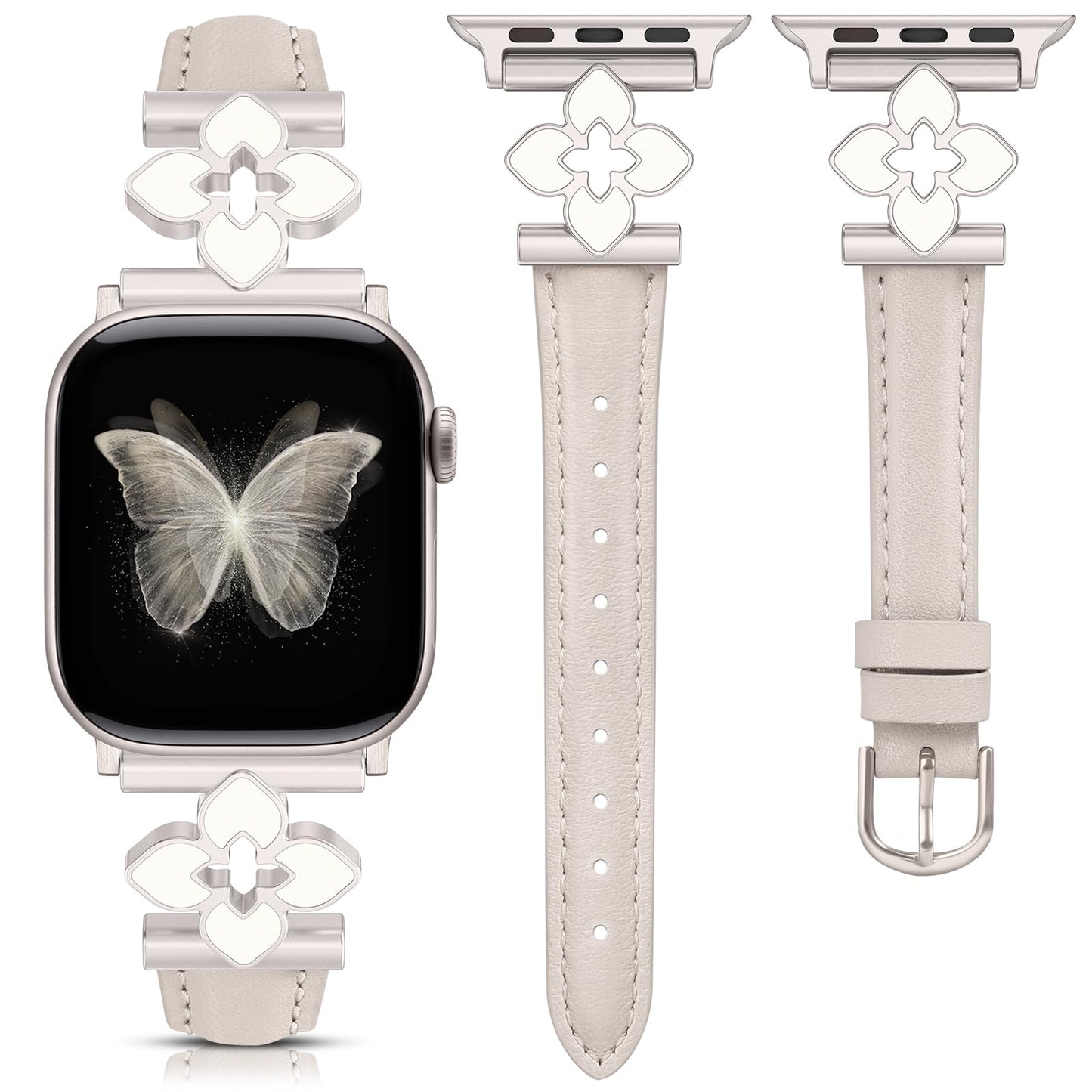 Minyee Compatible with Apple Watch Band 42/41/40/38/44/45/46/49mm Women, Slim Dressy Chic Premium Soft Leather Strap with Bling Dainty Flower Charm for iWatch Series 11 10 9 8 7 6 5 4 Ultra/SE 3 2 1