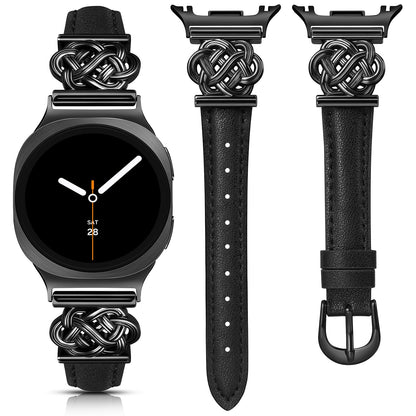 Minyee Celtic Knot Leather Band Compatible with Samsung Galaxy Watch 8 40mm 44mm/ 8 Classic 46mm Band Women, No Gap One-Click Slim Thin Dressy Premium Soft Leather Pretty Designer Adjustable Strap