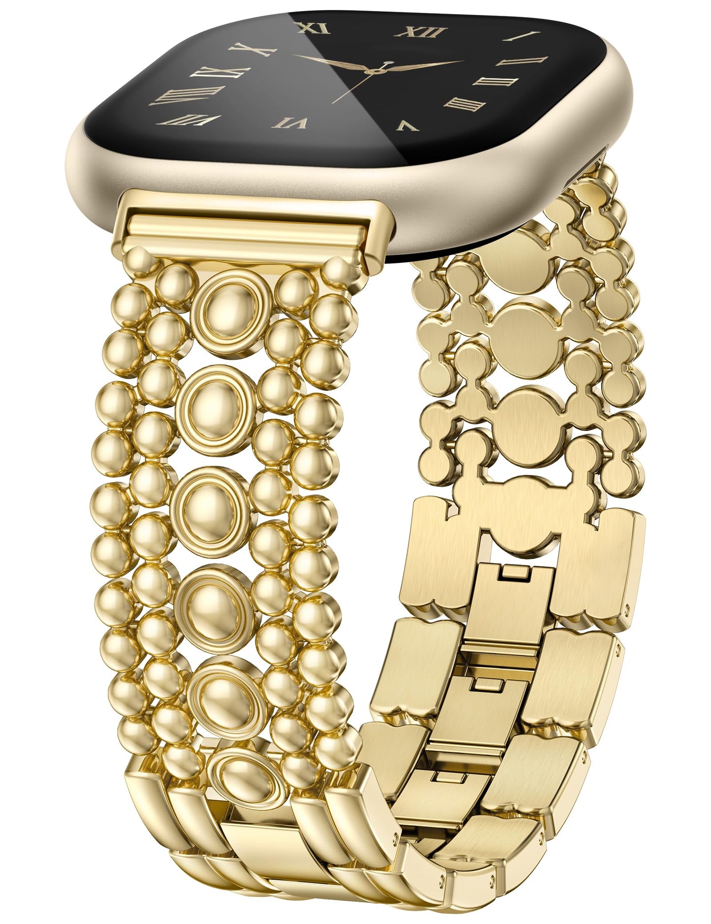 Minyee Metal Bands Compatible with Fitbit Sense 2/Versa 4/Versa 3/Sense Bands Women, Pretty Dressy Stainless Steel Metal Dual Tone Adjustable Round Studded Link Bracelet Replacement Strap for Versa 4