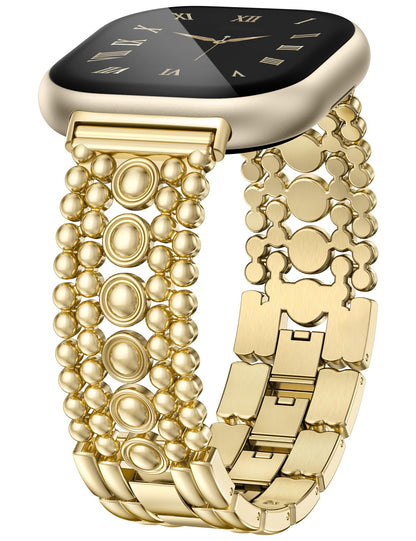 Minyee Metal Bands Compatible with Fitbit Sense 2/Versa 4/Versa 3/Sense Bands Women, Pretty Dressy Stainless Steel Metal Dual Tone Adjustable Round Studded Link Bracelet Replacement Strap for Versa 4