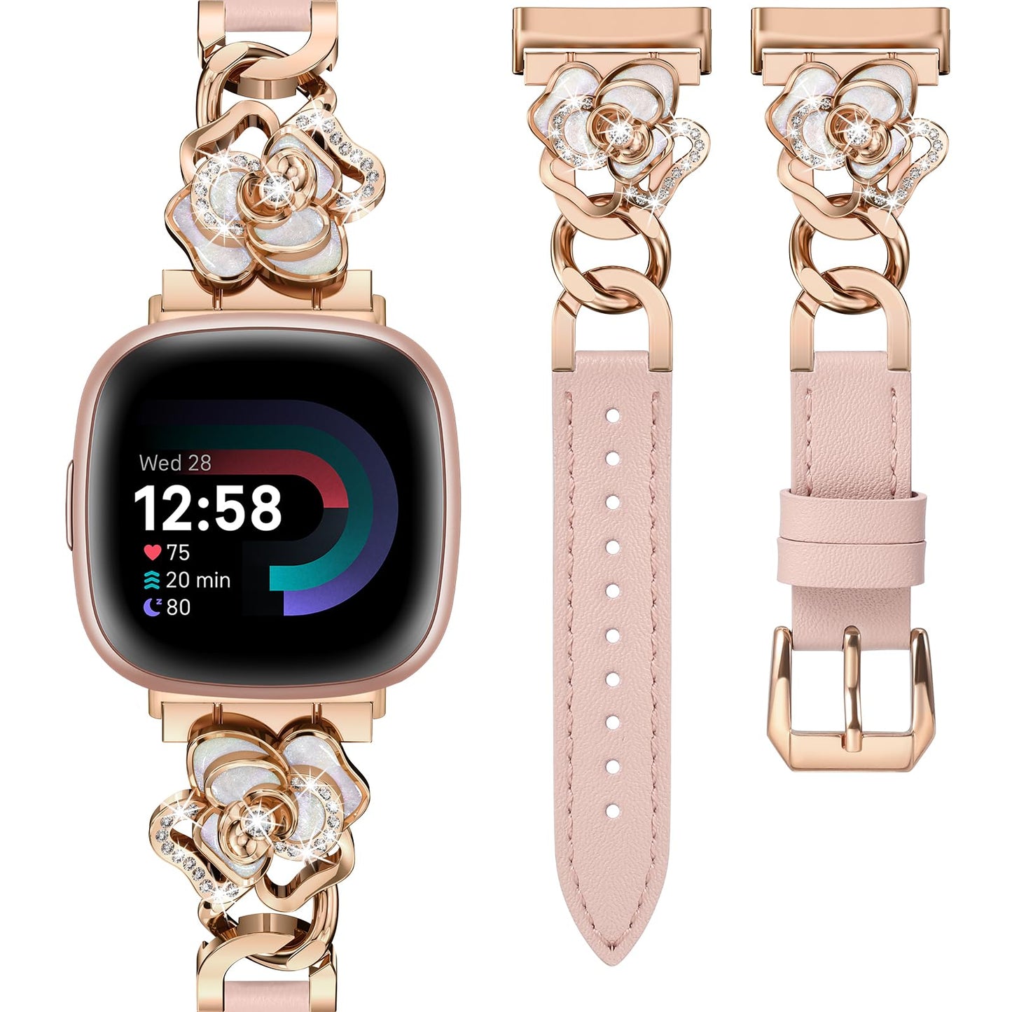 Minyee Leather Band Compatible with Fitbit Versa 4/3/Fitbit Sense 2/1 Watch Bands Women, Dressy Slim Elegant Leather Metal Chain Strap with Bling Cute Camellia Charms for Versa 3 4 Sense 2 Smartwatch