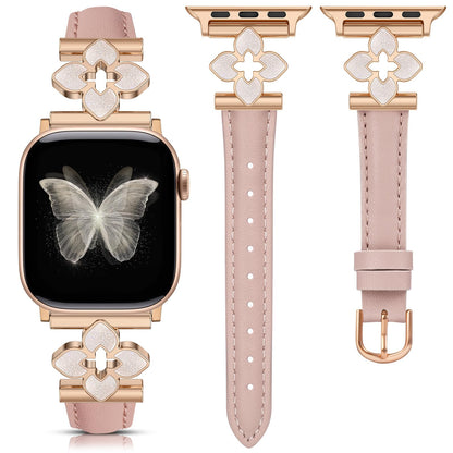 Minyee Compatible with Apple Watch Band 42/41/40/38/44/45/46/49mm Women, Slim Dressy Chic Premium Soft Leather Strap with Bling Dainty Flower Charm for iWatch Series 11 10 9 8 7 6 5 4 Ultra/SE 3 2 1