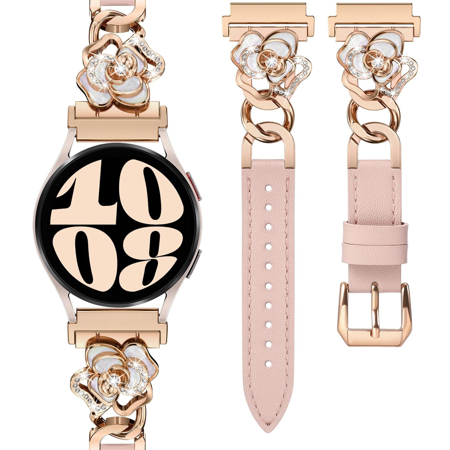 Minyee Leather Band Compatible with Samsung Galaxy Watch 7/6/5/4/FE/Active 2 40mm 44mm/Watch 6 Classic 43mm 47mm/5 Pro 45mm Women, 20mm Dressy Slim Elegant Metal Chain Strap with Bling Camellia Charms