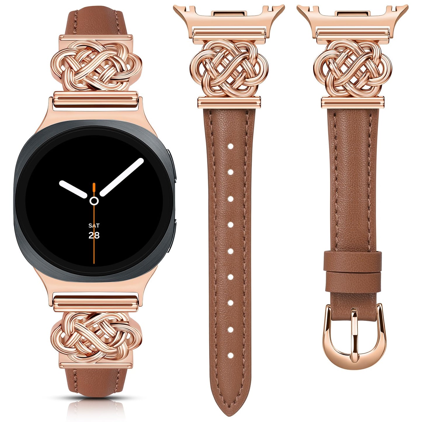 Minyee Celtic Knot Leather Band Compatible with Samsung Galaxy Watch 8 40mm 44mm/ 8 Classic 46mm Band Women, No Gap One-Click Slim Thin Dressy Premium Soft Leather Pretty Designer Adjustable Strap