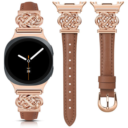 Minyee Celtic Knot Leather Band Compatible with Samsung Galaxy Watch 8 40mm 44mm/ 8 Classic 46mm Band Women, No Gap One-Click Slim Thin Dressy Premium Soft Leather Pretty Designer Adjustable Strap