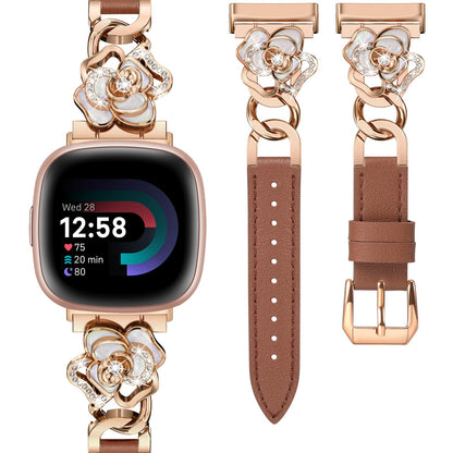 Minyee Leather Band Compatible with Fitbit Versa 4/3/Fitbit Sense 2/1 Watch Bands Women, Dressy Slim Elegant Leather Metal Chain Strap with Bling Cute Camellia Charms for Versa 3 4 Sense 2 Smartwatch