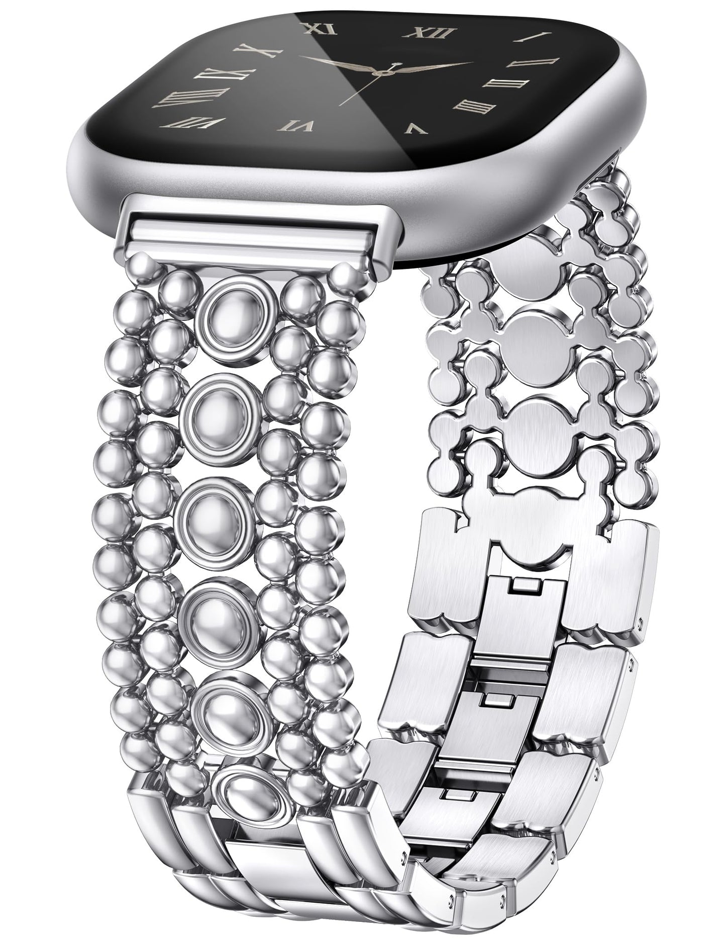 Minyee Metal Bands Compatible with Fitbit Sense 2/Versa 4/Versa 3/Sense Bands Women, Pretty Dressy Stainless Steel Metal Dual Tone Adjustable Round Studded Link Bracelet Replacement Strap for Versa 4