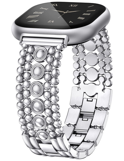 Minyee Metal Bands Compatible with Fitbit Sense 2/Versa 4/Versa 3/Sense Bands Women, Pretty Dressy Stainless Steel Metal Dual Tone Adjustable Round Studded Link Bracelet Replacement Strap for Versa 4