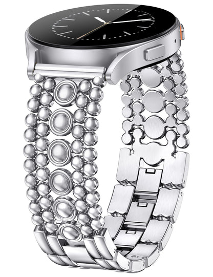 Minyee Compatible with Samsung Galaxy Watch 7 6 5 4 FE 40mm 44mm/Watch 6 Classic 43mm 47mm/Watch 5 Pro 45mm Band Women, 20mm Pretty Dressy Stainless Steel Metal Adjustable Round Studded Link Bracelet