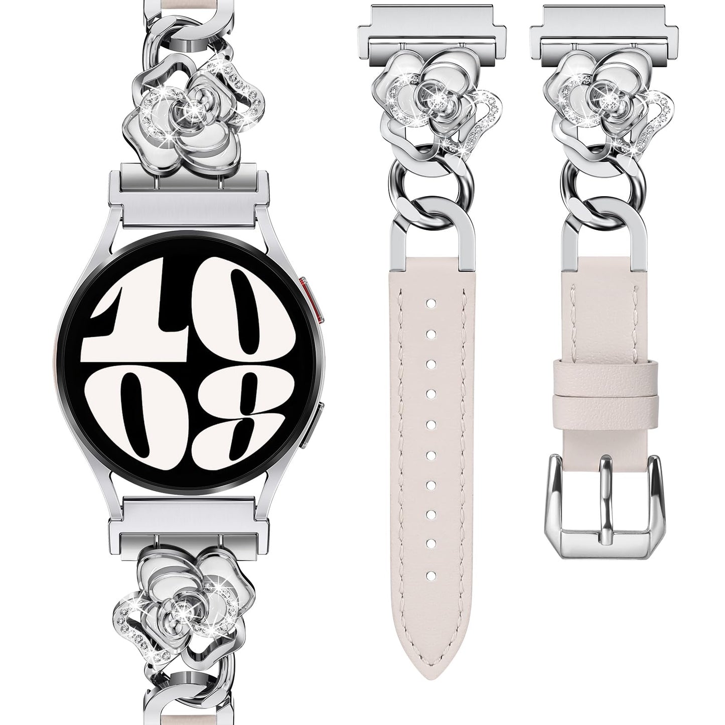 Minyee Leather Band Compatible with Samsung Galaxy Watch 7/6/5/4/FE/Active 2 40mm 44mm/Watch 6 Classic 43mm 47mm/5 Pro 45mm Women, 20mm Dressy Slim Elegant Metal Chain Strap with Bling Camellia Charms