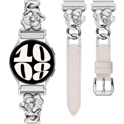 Minyee Leather Band Compatible with Samsung Galaxy Watch 7/6/5/4/FE/Active 2 40mm 44mm/Watch 6 Classic 43mm 47mm/5 Pro 45mm Women, 20mm Dressy Slim Elegant Metal Chain Strap with Bling Camellia Charms