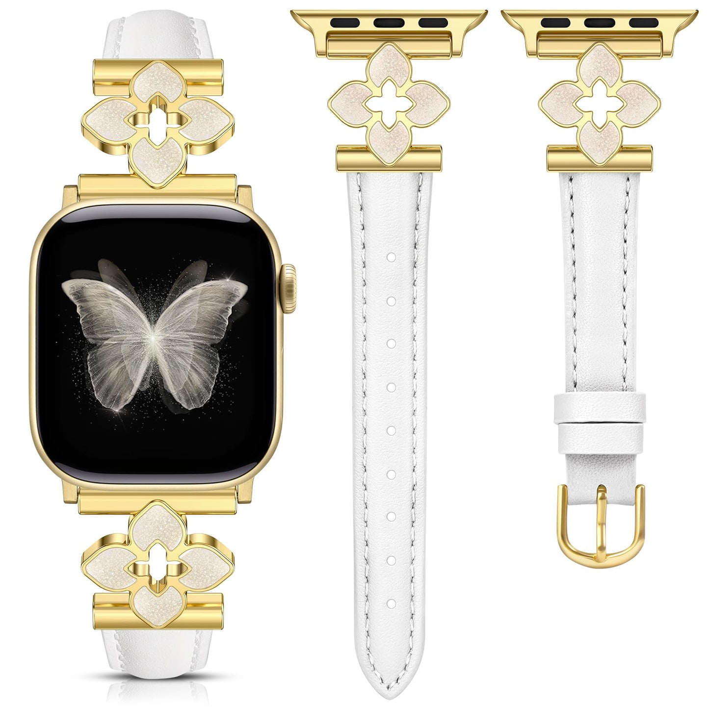 Minyee Compatible with Apple Watch Band 42/41/40/38/44/45/46/49mm Women, Slim Dressy Chic Premium Soft Leather Strap with Bling Dainty Flower Charm for iWatch Series 11 10 9 8 7 6 5 4 Ultra/SE 3 2 1