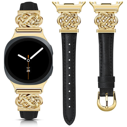 Minyee Celtic Knot Leather Band Compatible with Samsung Galaxy Watch 8 40mm 44mm/ 8 Classic 46mm Band Women, No Gap One-Click Slim Thin Dressy Premium Soft Leather Pretty Designer Adjustable Strap