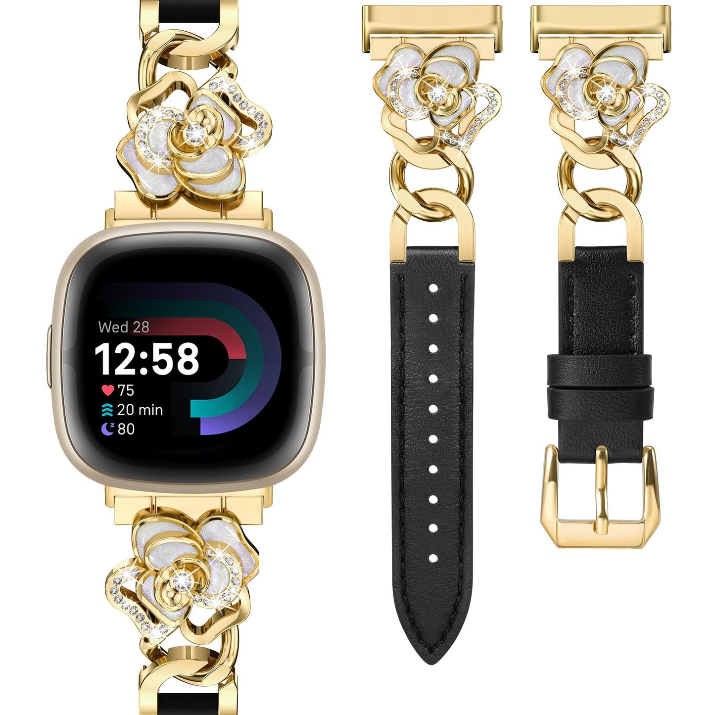 Minyee Leather Band Compatible with Fitbit Versa 4/3/Fitbit Sense 2/1 Watch Bands Women, Dressy Slim Elegant Leather Metal Chain Strap with Bling Cute Camellia Charms for Versa 3 4 Sense 2 Smartwatch
