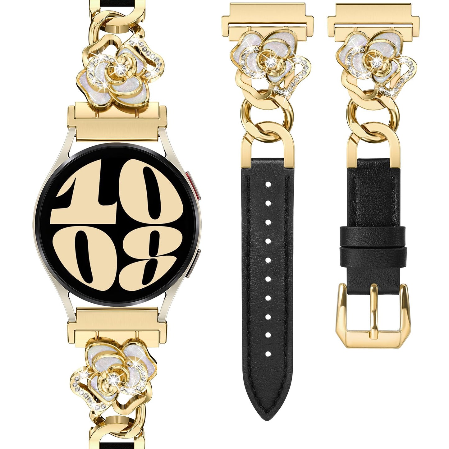 Minyee Leather Band Compatible with Samsung Galaxy Watch 7/6/5/4/FE/Active 2 40mm 44mm/Watch 6 Classic 43mm 47mm/5 Pro 45mm Women, 20mm Dressy Slim Elegant Metal Chain Strap with Bling Camellia Charms