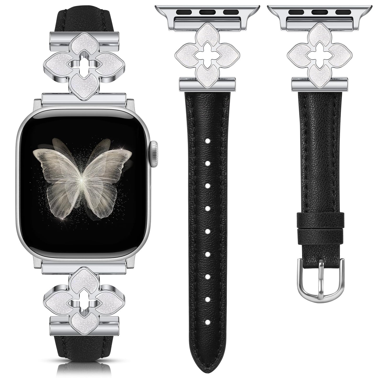 Minyee Compatible with Apple Watch Band 42/41/40/38/44/45/46/49mm Women, Slim Dressy Chic Premium Soft Leather Strap with Bling Dainty Flower Charm for iWatch Series 11 10 9 8 7 6 5 4 Ultra/SE 3 2 1