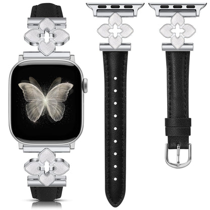 Minyee Compatible with Apple Watch Band 42/41/40/38/44/45/46/49mm Women, Slim Dressy Chic Premium Soft Leather Strap with Bling Dainty Flower Charm for iWatch Series 11 10 9 8 7 6 5 4 Ultra/SE 3 2 1