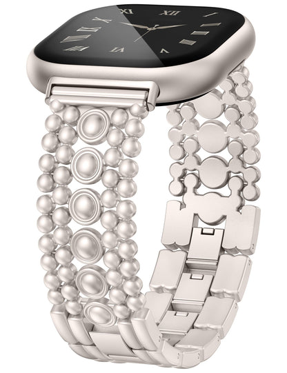 Minyee Metal Bands Compatible with Fitbit Sense 2/Versa 4/Versa 3/Sense Bands Women, Pretty Dressy Stainless Steel Metal Dual Tone Adjustable Round Studded Link Bracelet Replacement Strap for Versa 4