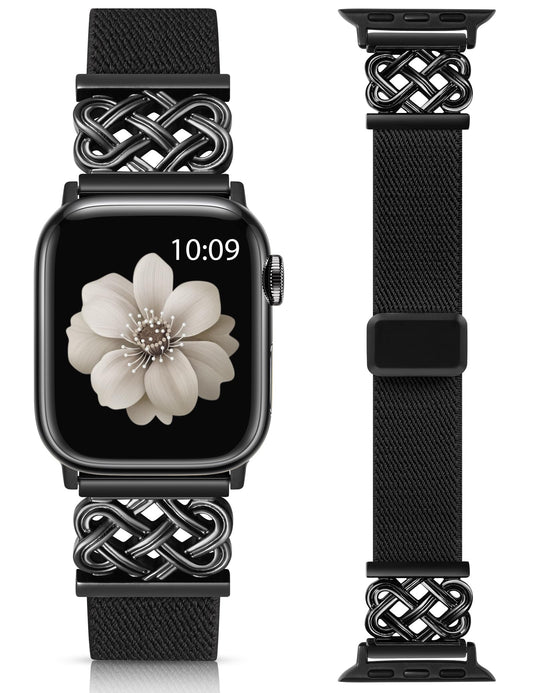 Minyee Magnetic Stretchy Band Compatible with Apple Watch Bands 38/40/41/42/44/45/46/49mm Women Men, Celtic Knot Soft Elastic Nylon Fabric Strap for iWatch Series 11 10 9 8 7 6 5 4 SE/Ultra 3 2 1