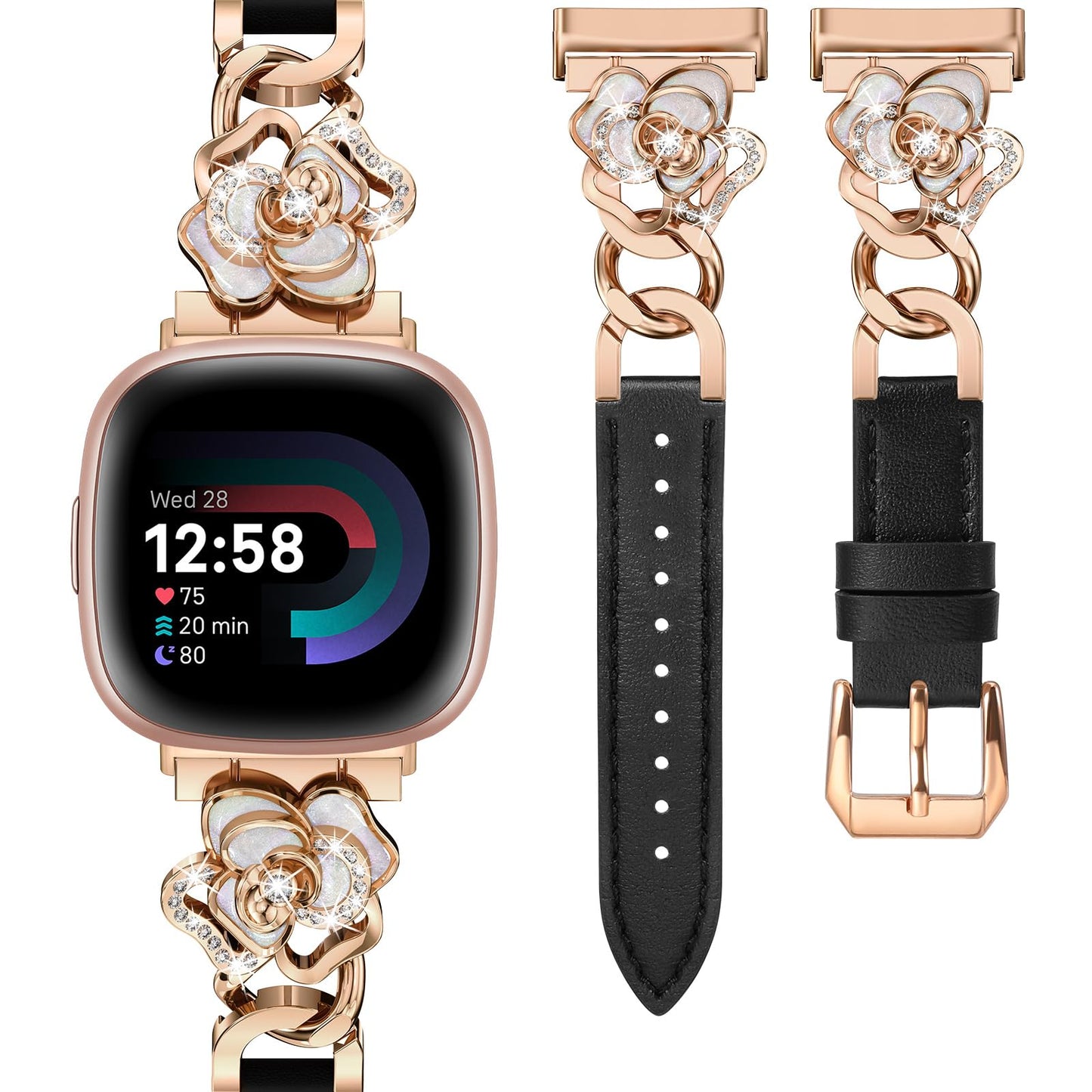 Minyee Leather Band Compatible with Fitbit Versa 4/3/Fitbit Sense 2/1 Watch Bands Women, Dressy Slim Elegant Leather Metal Chain Strap with Bling Cute Camellia Charms for Versa 3 4 Sense 2 Smartwatch