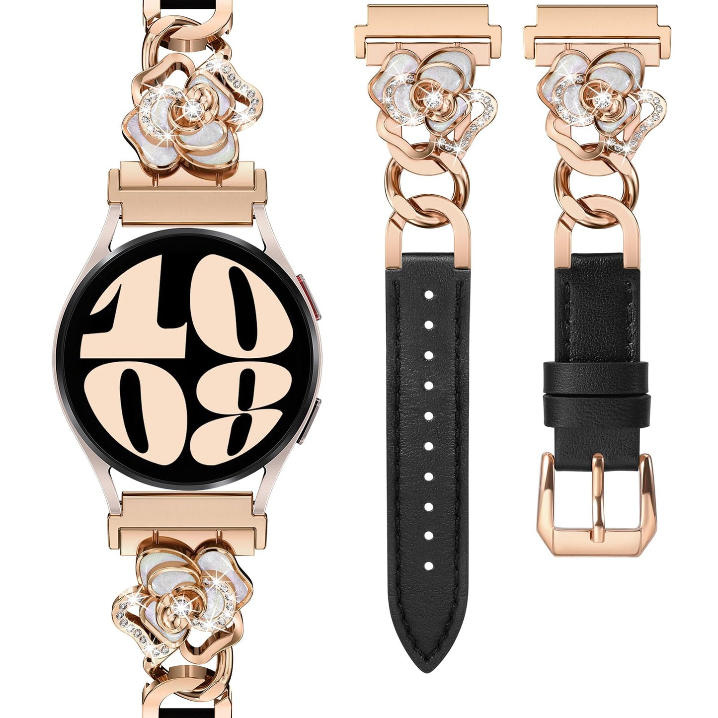 Minyee Leather Band Compatible with Samsung Galaxy Watch 7/6/5/4/FE/Active 2 40mm 44mm/Watch 6 Classic 43mm 47mm/5 Pro 45mm Women, 20mm Dressy Slim Elegant Metal Chain Strap with Bling Camellia Charms