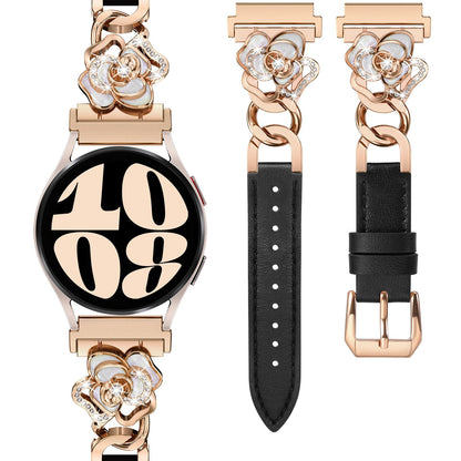 Minyee Leather Band Compatible with Samsung Galaxy Watch 7/6/5/4/FE/Active 2 40mm 44mm/Watch 6 Classic 43mm 47mm/5 Pro 45mm Women, 20mm Dressy Slim Elegant Metal Chain Strap with Bling Camellia Charms