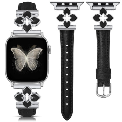 Minyee Compatible with Apple Watch Band 42/41/40/38/44/45/46/49mm Women, Slim Dressy Chic Premium Soft Leather Strap with Bling Dainty Flower Charm for iWatch Series 11 10 9 8 7 6 5 4 Ultra/SE 3 2 1