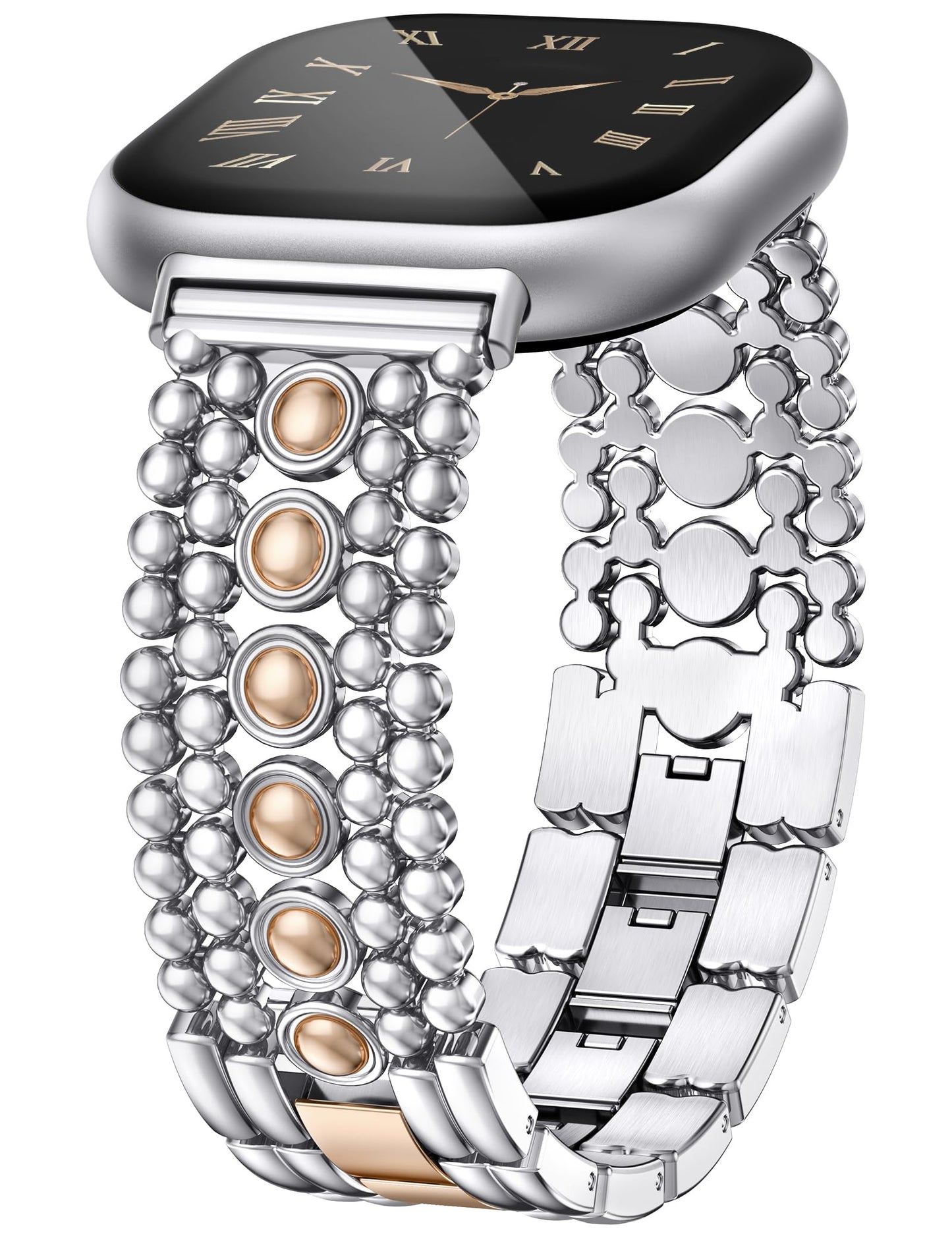Minyee Metal Bands Compatible with Fitbit Sense 2/Versa 4/Versa 3/Sense Bands Women, Pretty Dressy Stainless Steel Metal Dual Tone Adjustable Round Studded Link Bracelet Replacement Strap for Versa 4