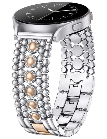 Minyee Compatible with Samsung Galaxy Watch 7 6 5 4 FE 40mm 44mm/Watch 6 Classic 43mm 47mm/Watch 5 Pro 45mm Band Women, 20mm Pretty Dressy Stainless Steel Metal Adjustable Round Studded Link Bracelet