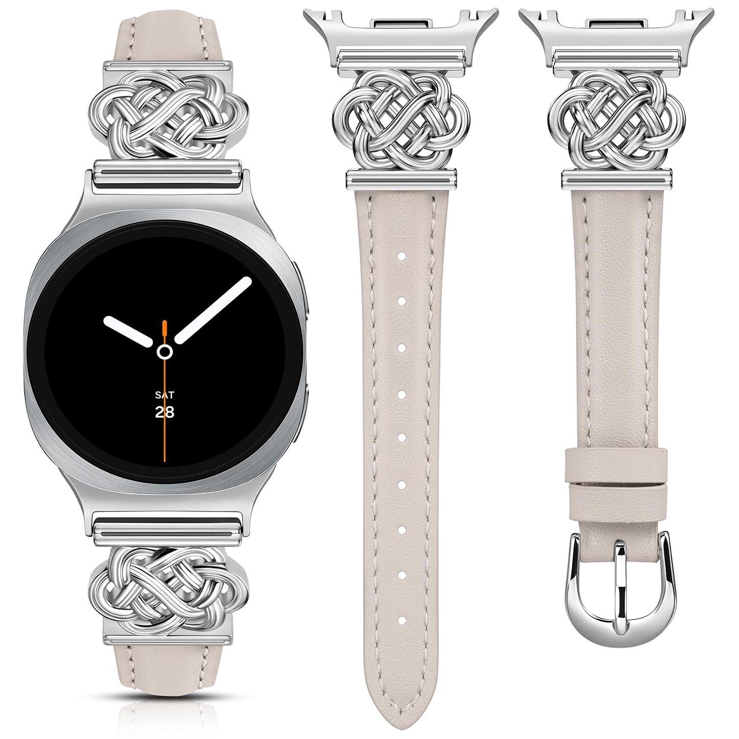 Minyee Celtic Knot Leather Band Compatible with Samsung Galaxy Watch 8 40mm 44mm/ 8 Classic 46mm Band Women, No Gap One-Click Slim Thin Dressy Premium Soft Leather Pretty Designer Adjustable Strap