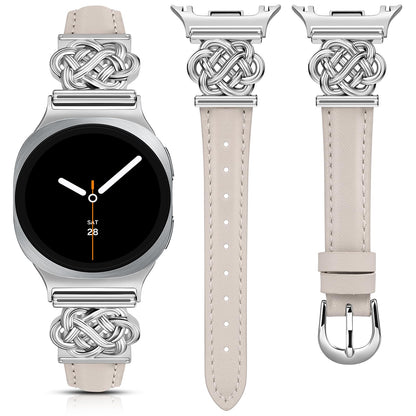Minyee Celtic Knot Leather Band Compatible with Samsung Galaxy Watch 8 40mm 44mm/ 8 Classic 46mm Band Women, No Gap One-Click Slim Thin Dressy Premium Soft Leather Pretty Designer Adjustable Strap